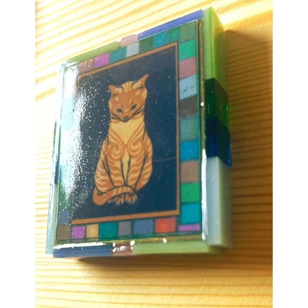 Vintage Cat Magnet Stained Glass Mosaic Border Cat Print on Wood Cat Lover Gift